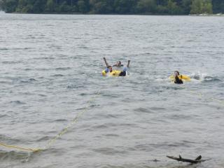 The Stoneham Fire Department Dive Team demonstrates a simulated drowning and rescue operation.