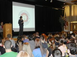District Attorney Marian Ryan speaks to middle school students in Reading