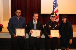Left to right: Fabio Monteiro de Pina, Kenneth Hynes, Belmont Police Chief Richard McLaughlin and District Attorney Marian Ryan 